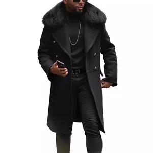 Elegante cappotto in lana nera da uomo con collo in pelliccia e chiusura a doppio petto