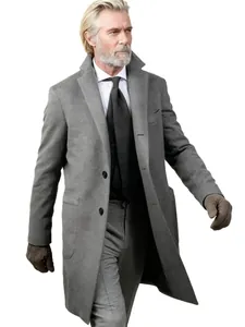 Elegant mid-length gray wool coat for men shown on mature model in classic winter style