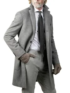 Detailed view of a classic grey wool overcoat with formal business styling.