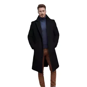 Elegant men's black mid-length wool blend overcoat perfect for autumn and winter warmth