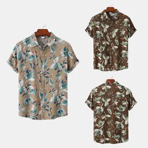 Chemise de plage d'été à manches courtes pour hommes avec imprimé floral beige et marron