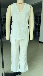 Damen Weißes Casual Zweiteiler-Set mit V-Ausschnitt Tank Top und lockerer weiter Hose