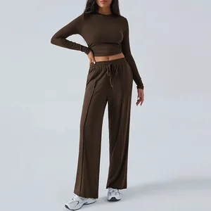 Chocolate brown slim fit long sleeve crop top and wide leg drawstring pants set