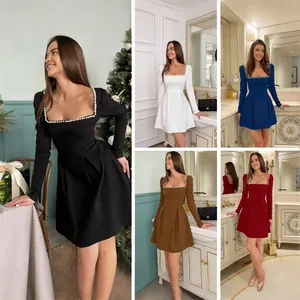 Showcasing five color options of a square neck long-sleeved mini dress with pearl trim