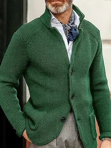 Classic green waffle knit cardigan sweater for men with stand collar and buttons