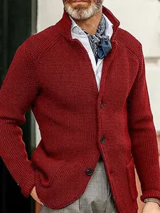 Elegant men's red chunky knit cardigan sweater featuring button closure and stand collar