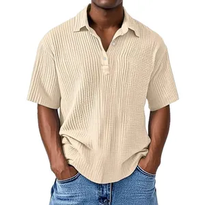 Detail view of men's beige double-layer crepe polo shirt with textured vertical stripes