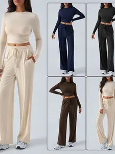 Women's Casual Sporty Slim Fit Long Sleeve Crop Top And Wide Leg Pants Top And Bottom Set Solid Color Polyester Outfit