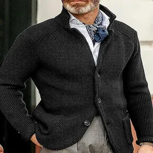 Men's stylish black waffle knit cardigan jacket with stand collar and button closure