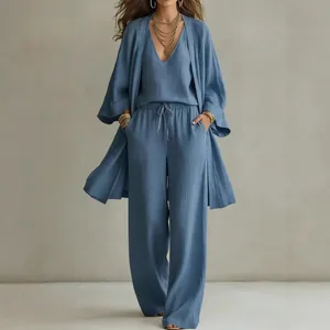 Elegantes dreiteiliges Damen-Lounge-Set mit langem Cardigan und loser, weiter Hose