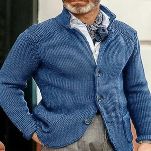 Elegant blue waffle-knit men's cardigan sweater with button closure and pockets