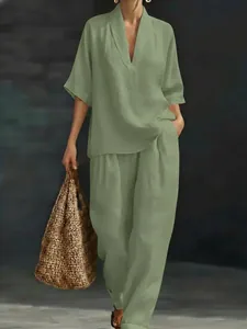 Women's sage green V-neck short sleeve top and wide-leg casual two-piece pants set