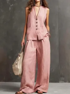 Rosa zweiteiliges Leinen-Set für Damen mit Weste und weitem Beinhose