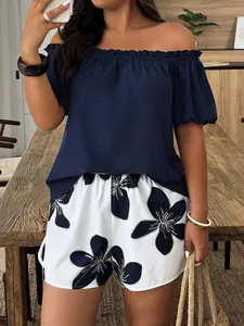 Ensemble Top Épaules Dénudées Manches Bouffantes Et Short Imprimé Floral Femme Décontracté Polyester Élasthanne Vacances