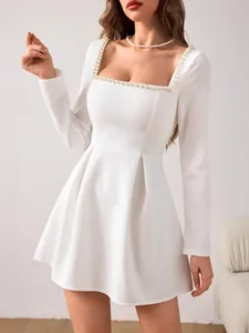 Women Elegant Square Neck Artificial Pearl Trim Long Sleeve A-Line Mini Dress Waisted Solid Color Party Office Dress