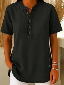 Casual women's charcoal denim short sleeve T-shirt featuring stylish button placket