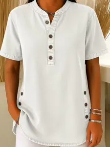 Women's casual white denim short sleeve T-shirt with decorative button placket detail