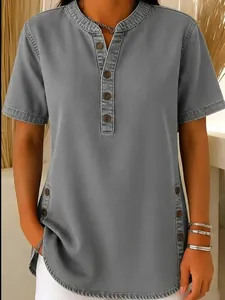 Casual grey denim short-sleeve top with button neck and side accents for women daily wear