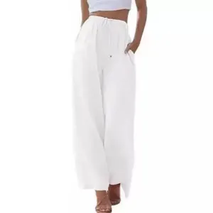 High-waisted women's white linen wide-leg trousers featuring a drawstring waist detail.