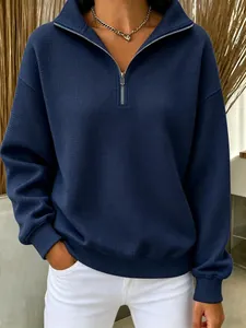Sweat-shirt Décontracté en Maille Gaufrette pour Femmes Demi-Fermeture Éclair Col Montant Manches Longues Pull Ample Top Mode Automne Hiver