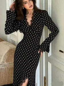 Women Polka Dot Lace Patchwork V Neck Long Sleeve Maxi Dress Polyester Spandex Slim Fit Side Slit Autumn Winter Long Dress