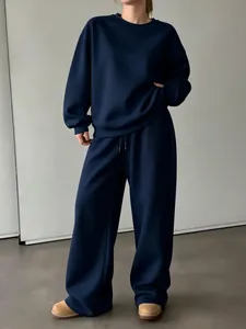 Set premium felpa girocollo oversize e pantaloni a gamba larga blu navy tinta unita
