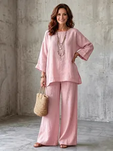 Elegant pink cotton linen blend loose blouse and wide leg pants set for women