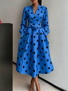 Elegant blue long sleeve maxi dress with black polka dots in retro Hepburn style