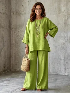 Vibrant green cotton-linen blend loose top and wide-leg pants set for women in studio