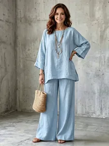 Minimalist Women Polyester Pants Set Top And Bottom Round Neck Long Sleeve Shirt Wide Leg Pants Casual Loose Fashion Suit