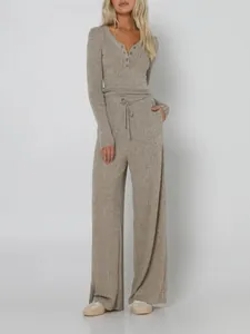 Damen Rippstrick Oberteil Und Hose Hochelastisch Henley Langarm Top Weites Bein Kordelzug Hose Einfarbig Loungewear Outfit