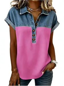 T-shirt femme tendance avec patchwork en denim, manches courtes et col revers rose