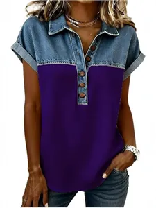 Polo femme en patchwork de denim à manches courtes, couleur violet