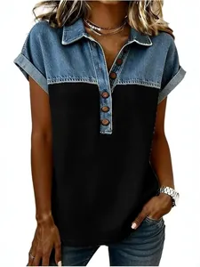 Polo femme à manches courtes à la mode avec patchwork en denim bleu et corps noir
