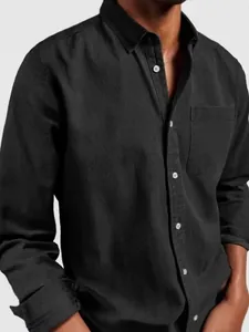 Men Retro Denim Look Long Sleeve Shirt Lapel Solid Color Button Up Casual Polyester Workwear Shirt For Men Business Top