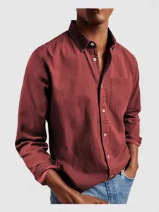 Vintage men's long-sleeve burgundy denim shirt with lapel collar and single pocket
