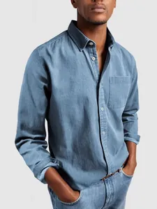 Men's retro long-sleeved denim shirt in light blue with classic lapel and chest pocket