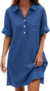 Vista dettagliata dell'abito a camicia in cotone e lino blu da donna