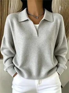 Maglione casual in maglia grigia da donna con colletto polo, moda autunno inverno