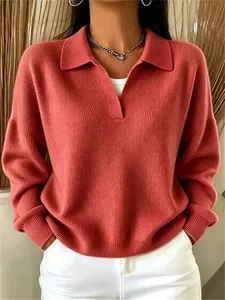 Maglione in maglia rosa casual a maniche lunghe con colletto a risvolto da donna