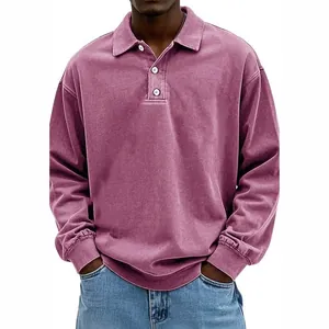 Vintage washed mauve long sleeve men's polo shirt featuring a button placket and relaxed fit