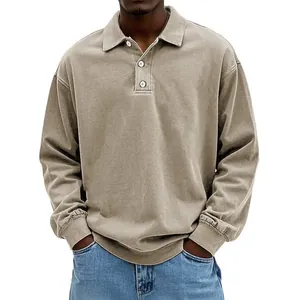 Vintage washed long sleeve polo shirt for men featuring a distressed fabric texture and three buttons