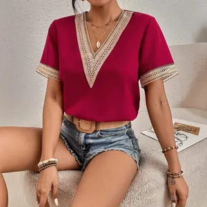 Elegant magenta V-neck short sleeve blouse with beige crochet lace trim and loose fit.