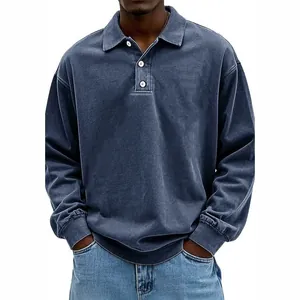 Vintage washed men's long sleeve polo shirt featuring distressed slate blue cotton fabric