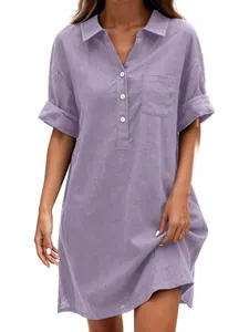 Abito a Camicia da Donna in Cotone e Lino Casual Risvolto Manica Corta Mini Abito con Bottoni Largo Traspirante Tinta Unita Tunica Estiva