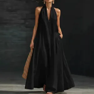 Elegant sleeveless halter neck black maxi dress with deep V-neckline for summer fashion