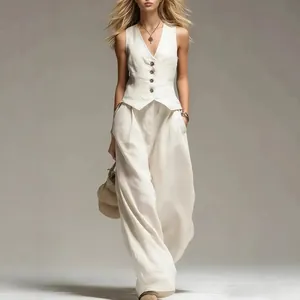 Ensemble élégant gilet crème et pantalon large à taille haute pour femmes chic