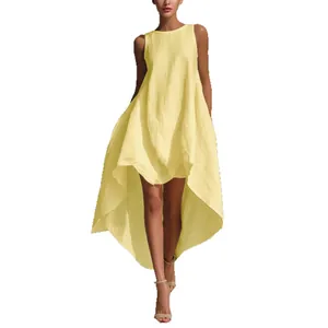 Robe d'été sans manches pour femmes avec col rond et ourlet asymétrique jaune