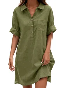 Abito a camicia casual in cotone e lino verde oliva con colletto a rever e maniche corte