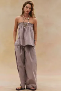 Boho σετ δύο τεμαχίων με στράπλες μπλούζα και ασορτί παντελόνα με φαρδύ μπατζάκι